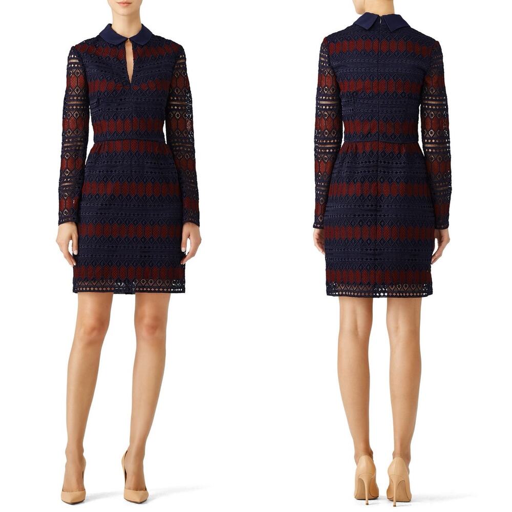 Trina Turk Womens Dress Size 6 Blue Red Rodin Colorblock Lace Long Sleeve Mini